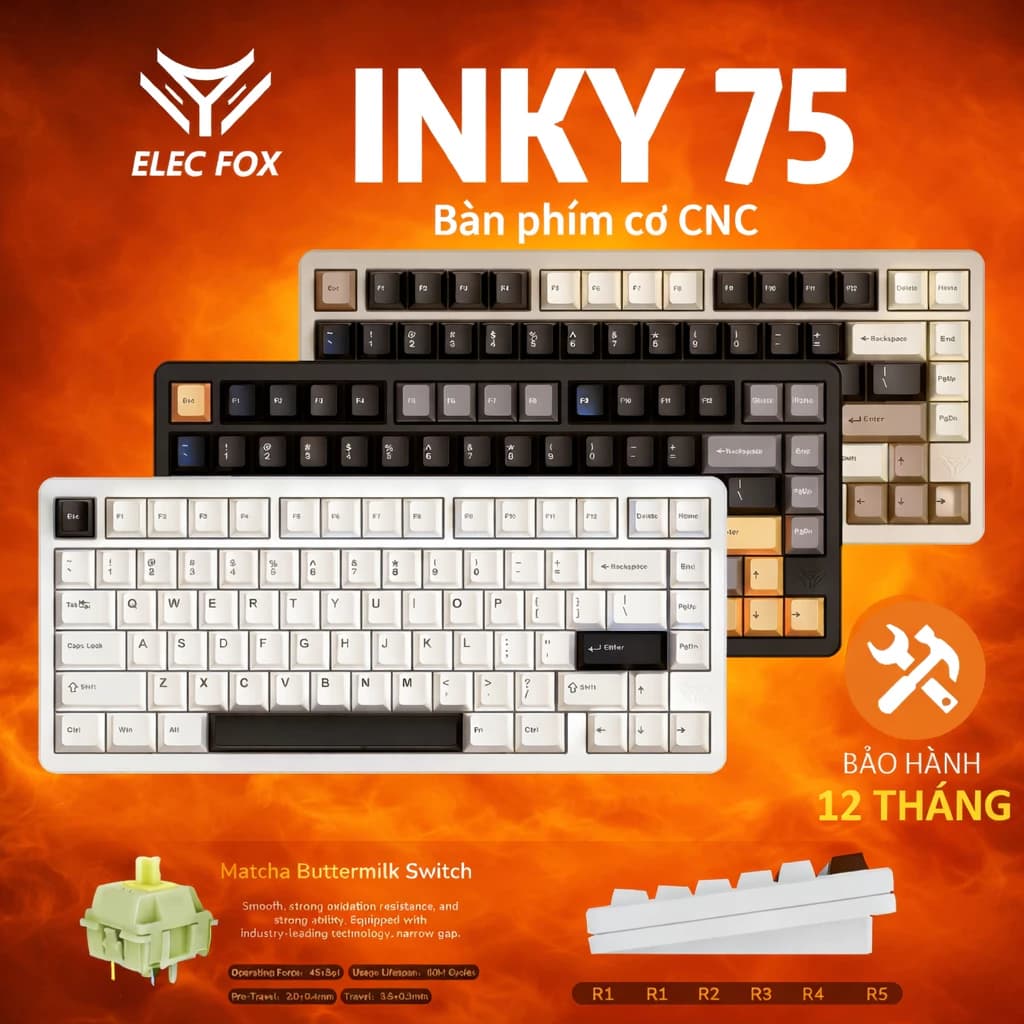 Bàn phím cơ ELECFOX INKY75 CNC không dây 3 mode Mạch Xuôi Hỗ trợ hotswap 5 pin LED RGB Có App