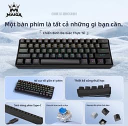 Bàn phím cơ MAIGA 61 phím, có sẳn switch đỏ và xanh dương, Đèn nền RGB đa chế độ cầu vòng