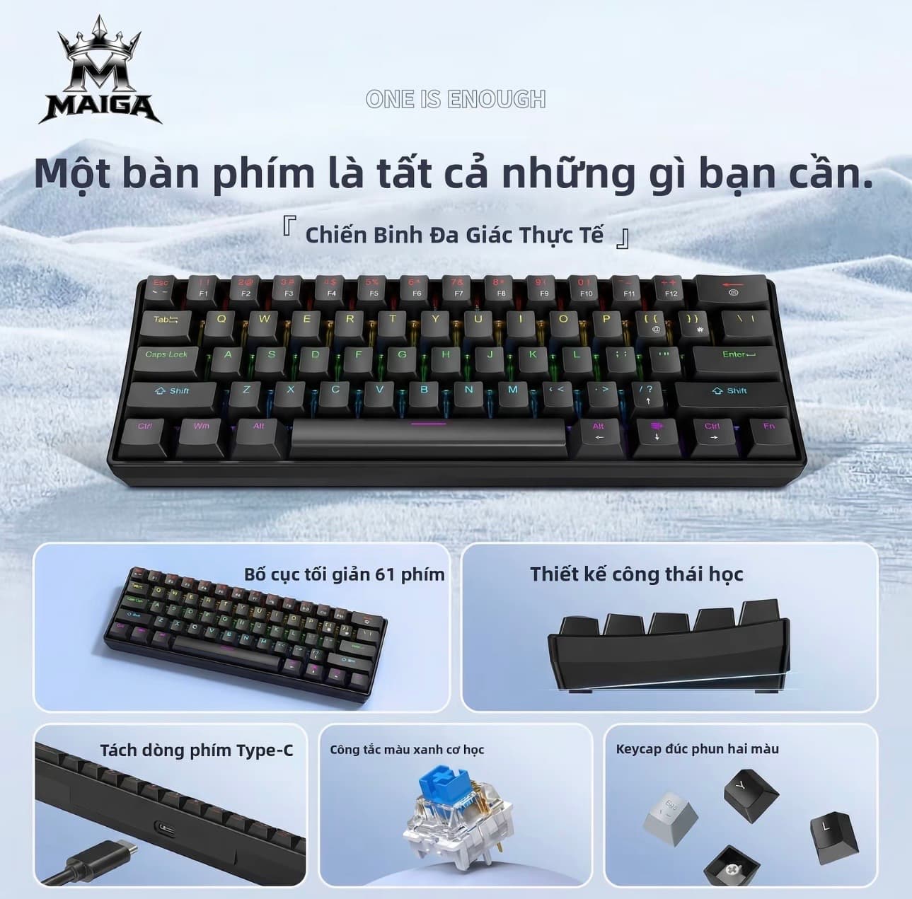 Bàn phím cơ MAIGA 61 phím, có sẳn switch đỏ và xanh dương, Đèn nền RGB đa chế độ cầu vòng