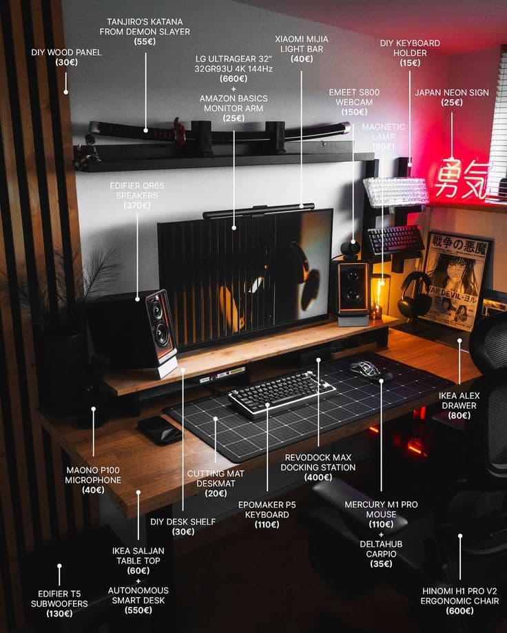 Setup bàn làm việc mẫu với màn hình, bàn phím, loa và phụ kiện