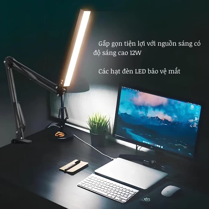 Đèn bàn LED gập điều chỉnh cánh tay dài đa năng, Đèn bàn USB chiếu sáng 10 mức độ bảo vệ mắt ,có thể gấp gọn xoay chỉnh