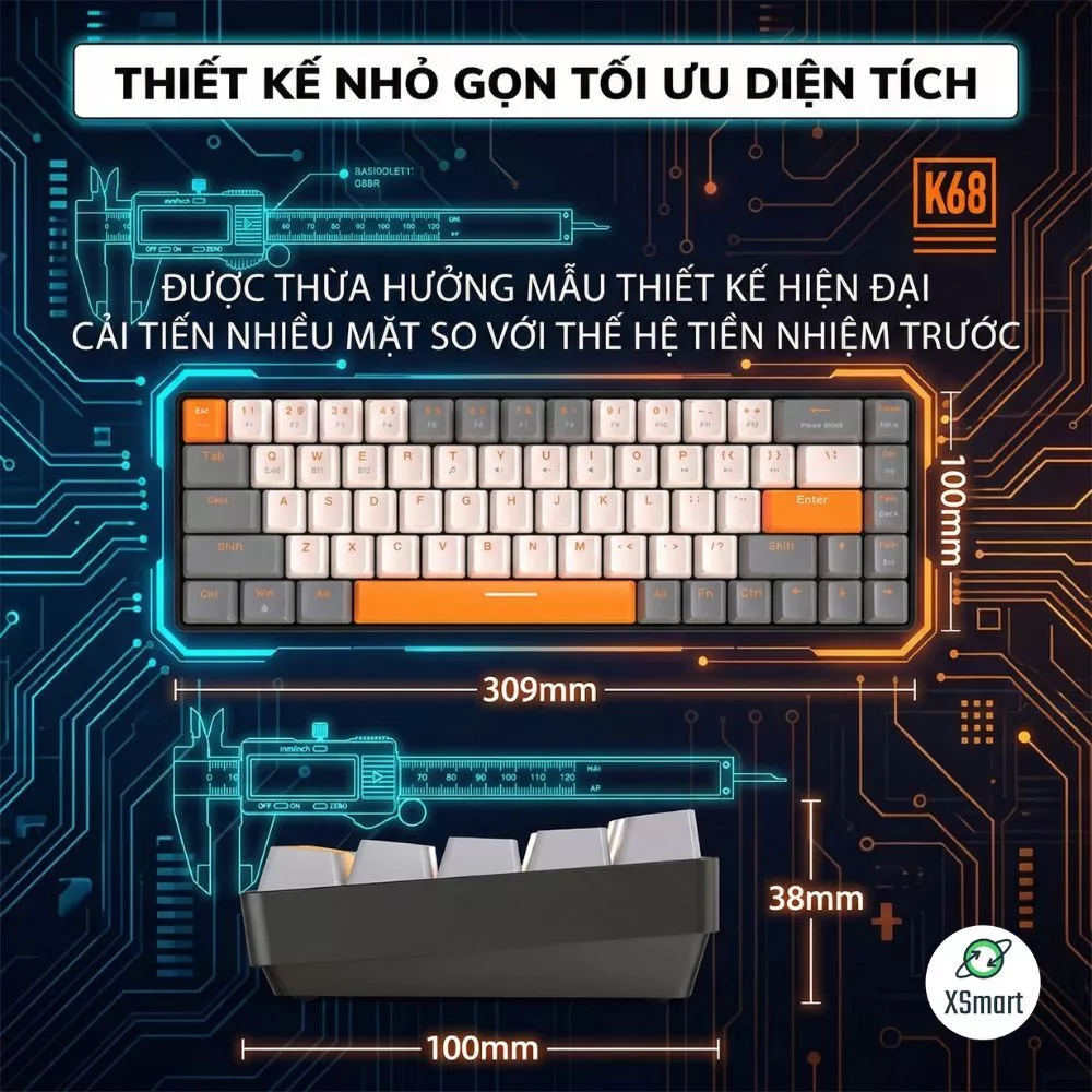 Bàn Phím Cơ Bluetooth Không Dây K68BT Trục Cơ Red Switch Gõ Cực Đã Có Hotswap Kết Nối Máy Tính ĐT